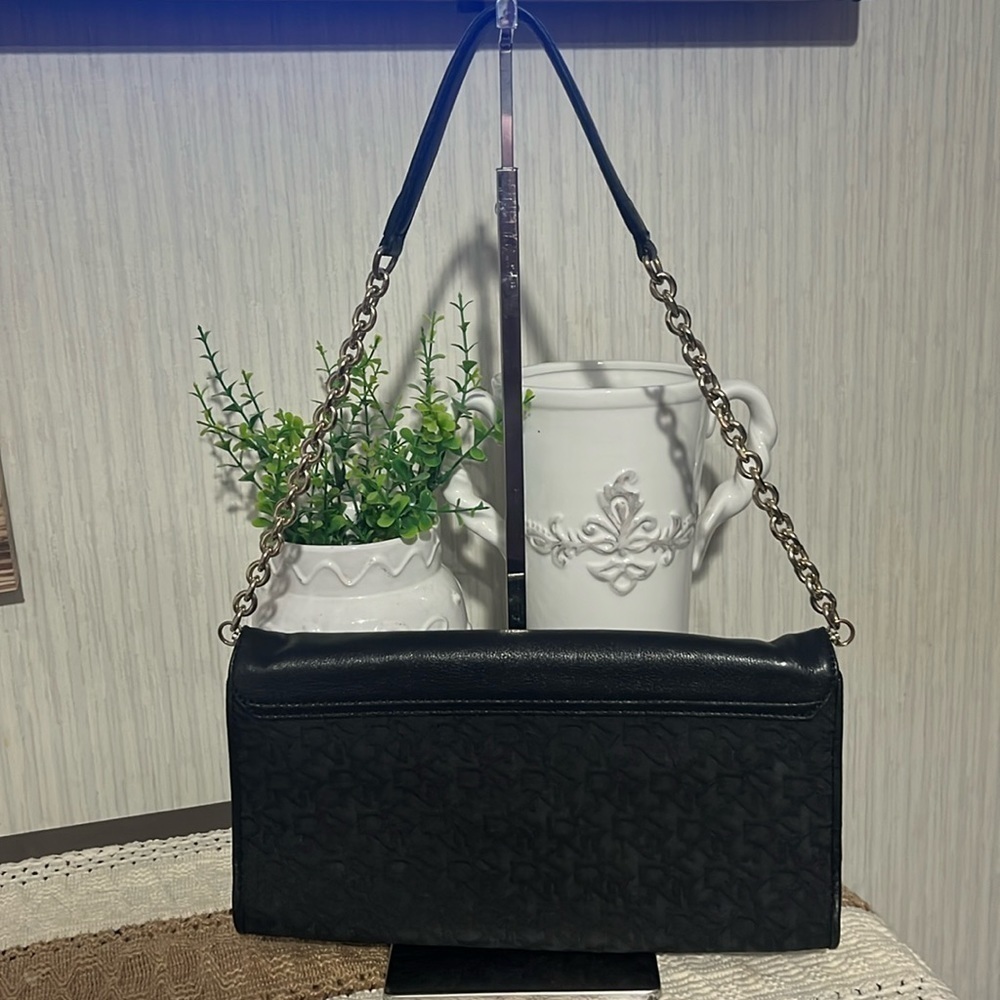 DKNY Black Leather/Black Canvas Shoulder Clutch - Picture 2 of 9